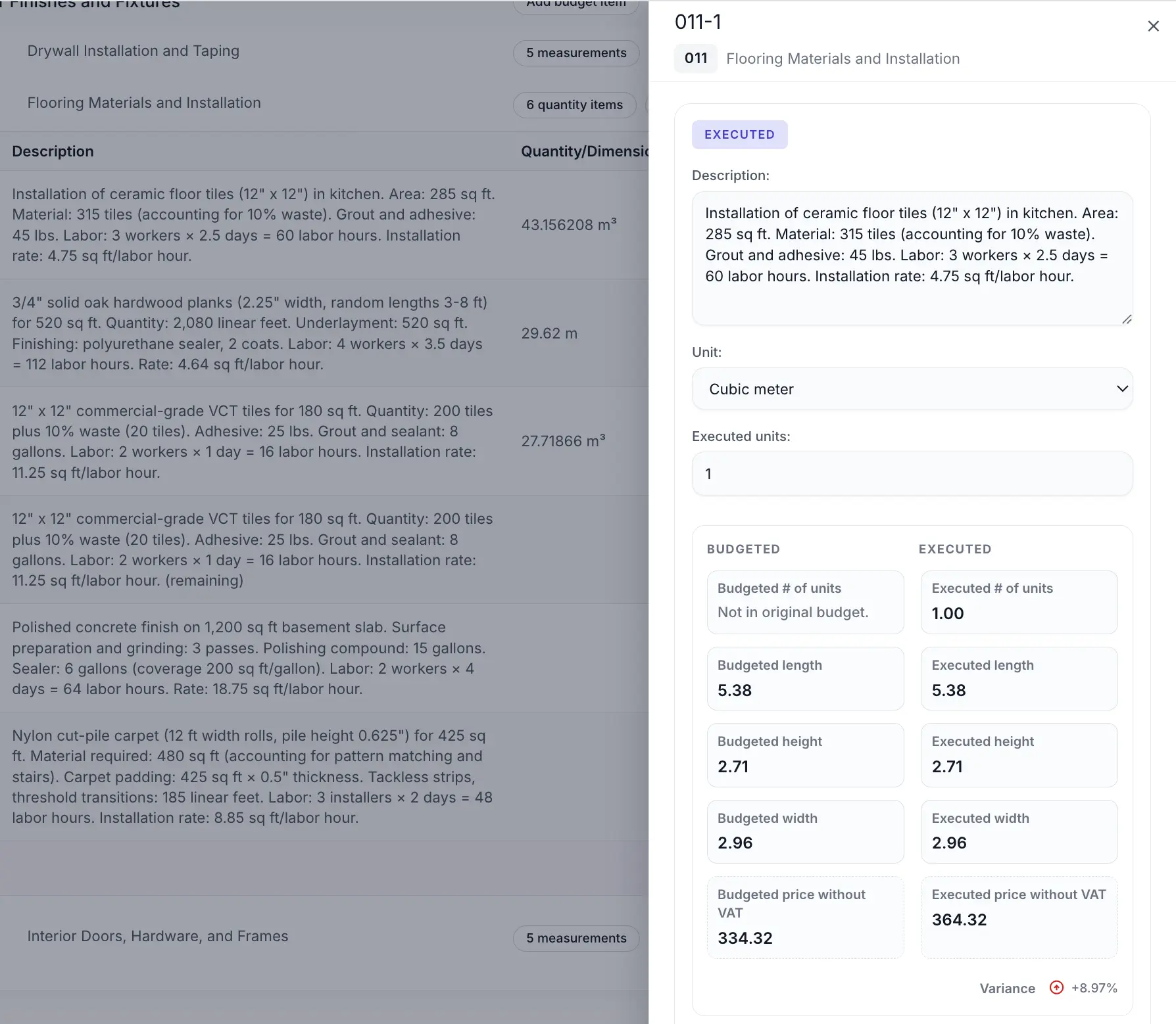 Progress tracking view comparing planned vs actual quantities