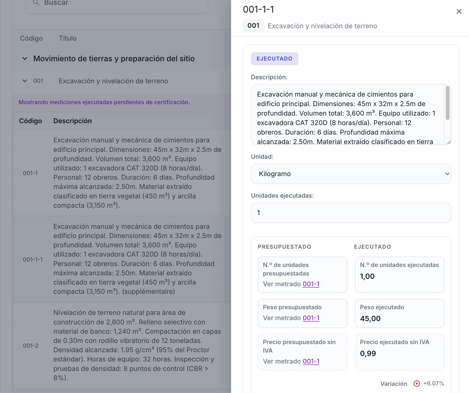 Vista de seguimiento del avance comparando cantidades planificadas frente a reales
