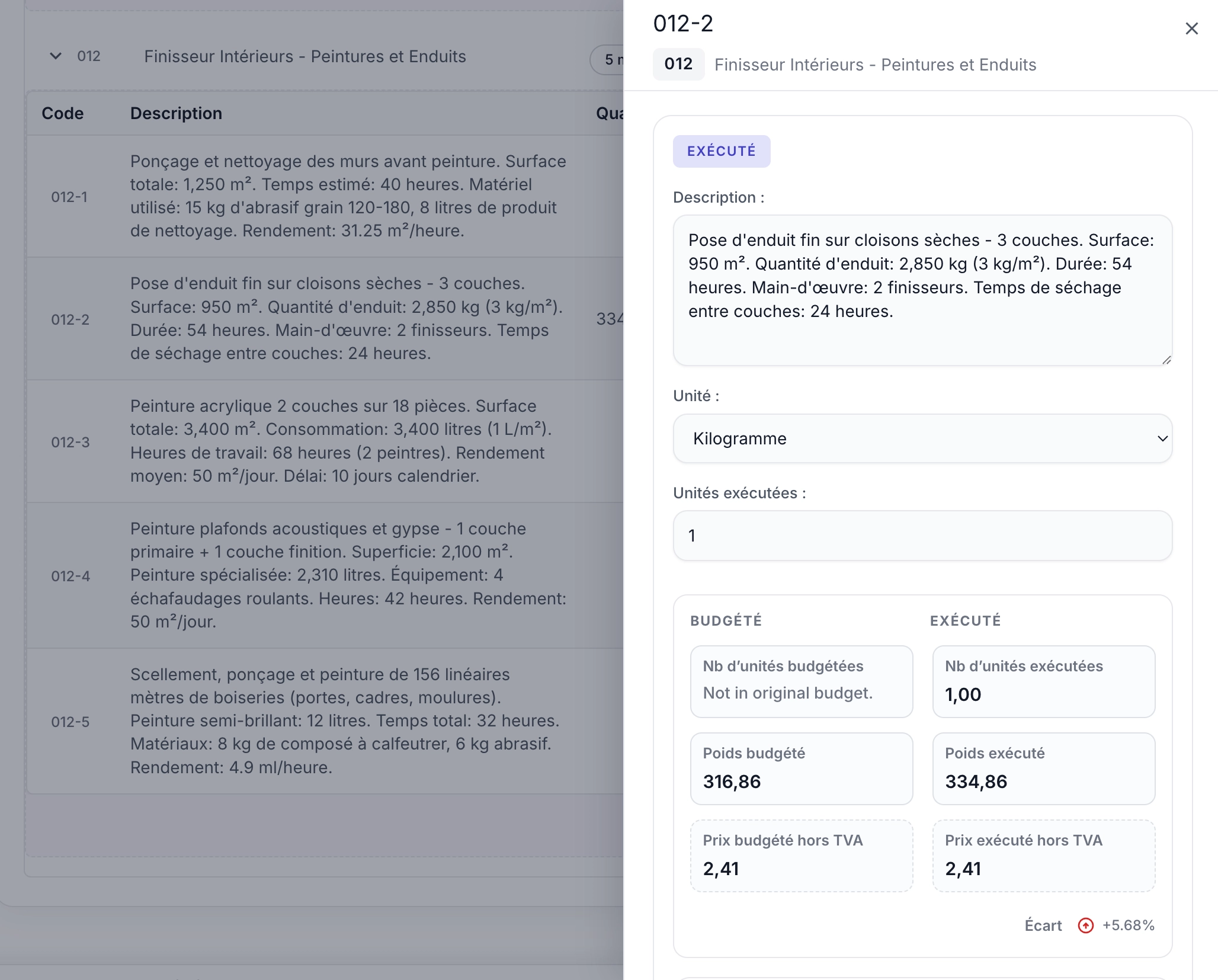 Vue de suivi de l’avancement comparant quantités planifiées et quantités réelles