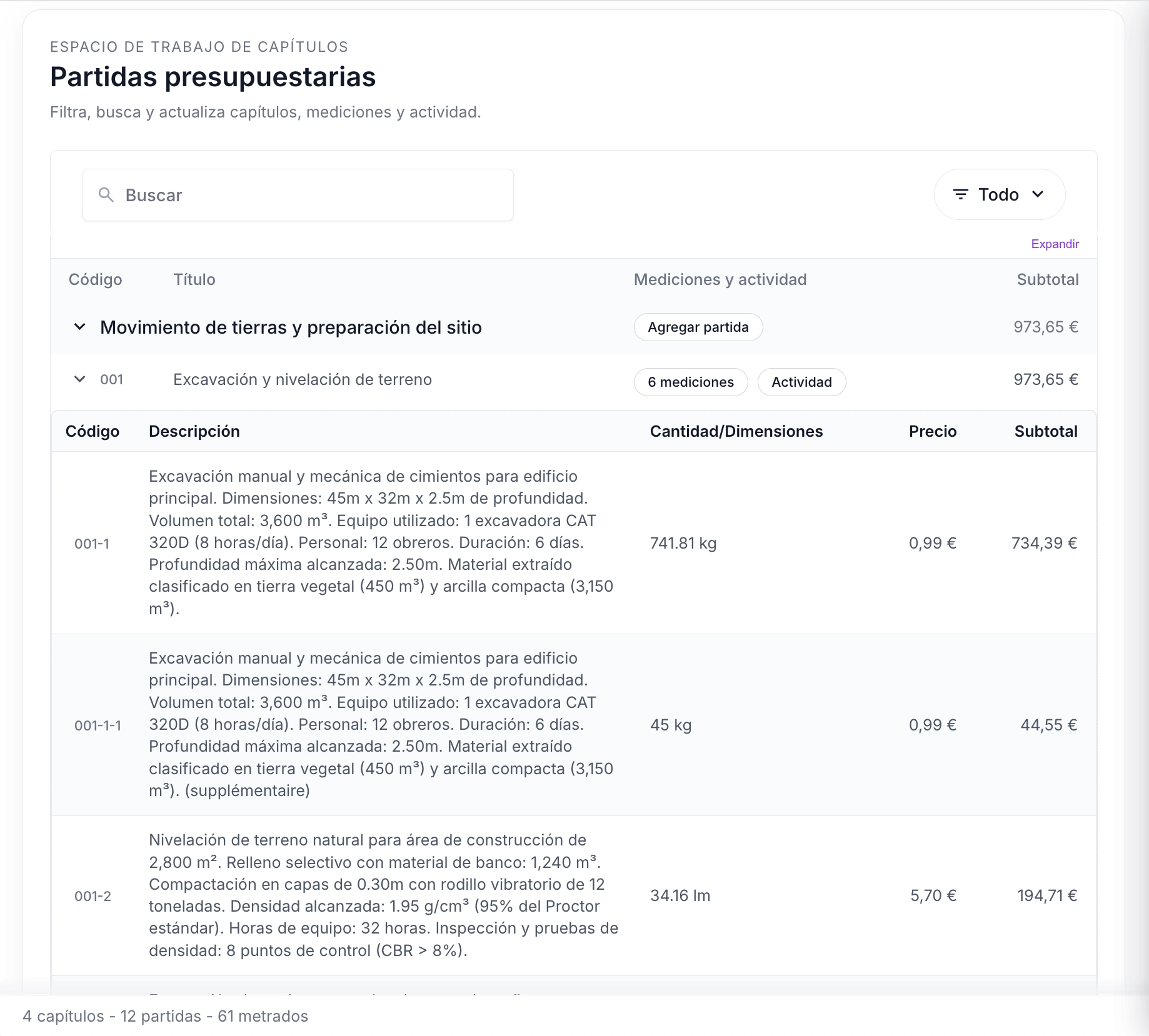 Interfaz de preparación del presupuesto con capítulos y partidas