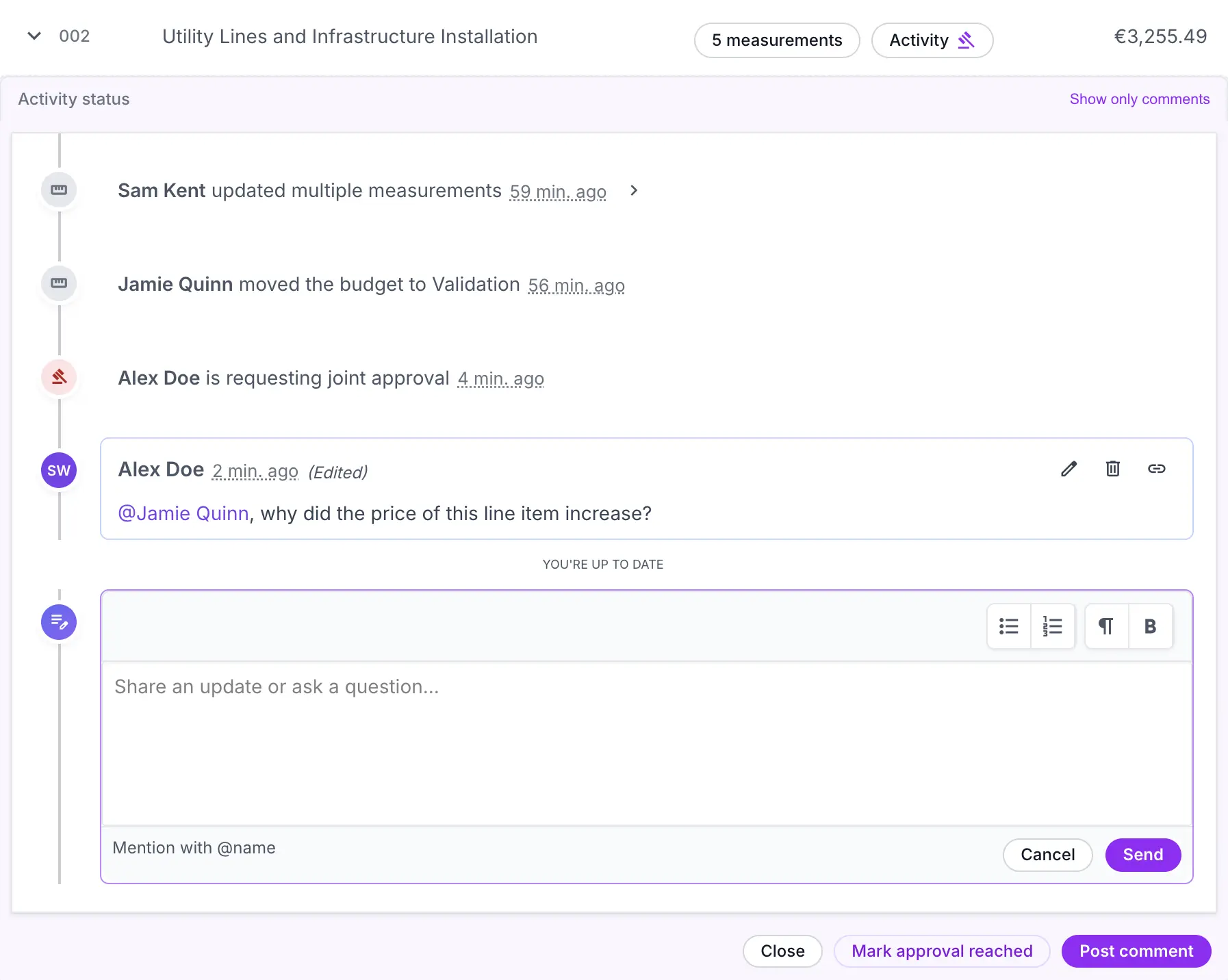 Collaborative workspace showing budget review and comments