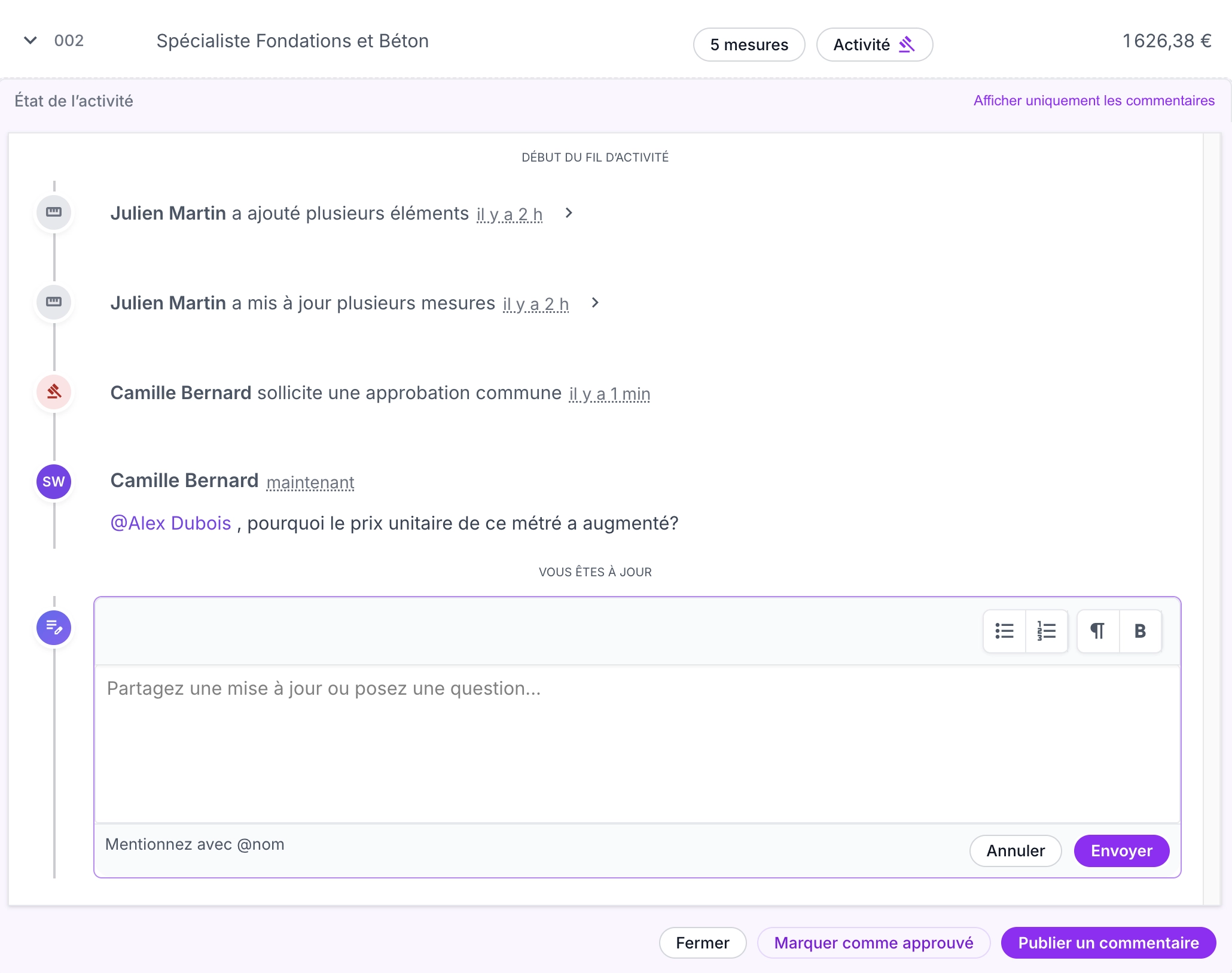 Espace de travail collaboratif affichant la révision du budget et les commentaires