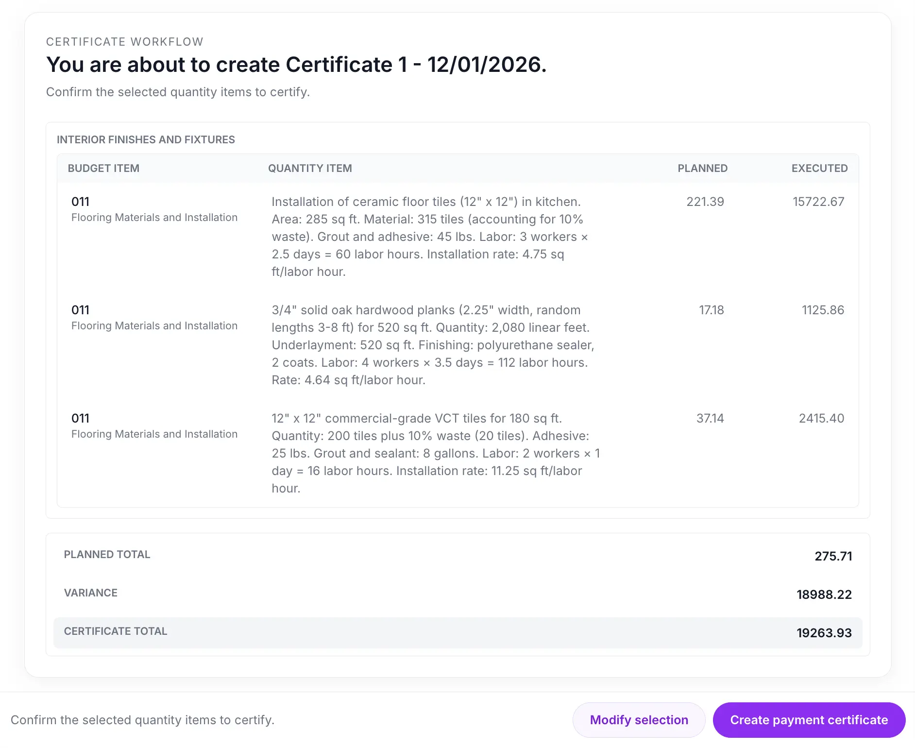 Progress certificate preparation interface