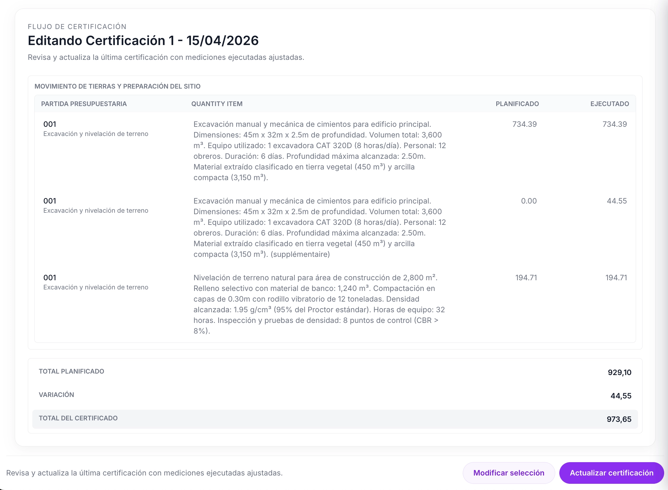 Interfaz de preparación de certificaciones de obra